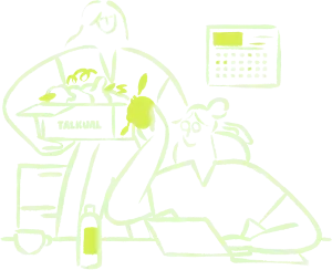 Dos personas con una caja de productos y un ordenador
