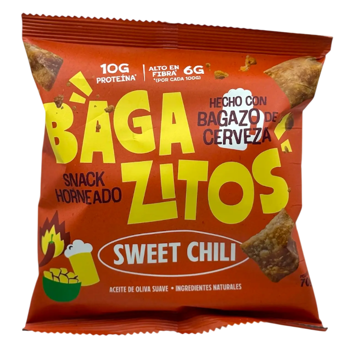 Bolsa de Bagazitos Sweet Chili de 70 g, snack horneado con bagazo de cerveza