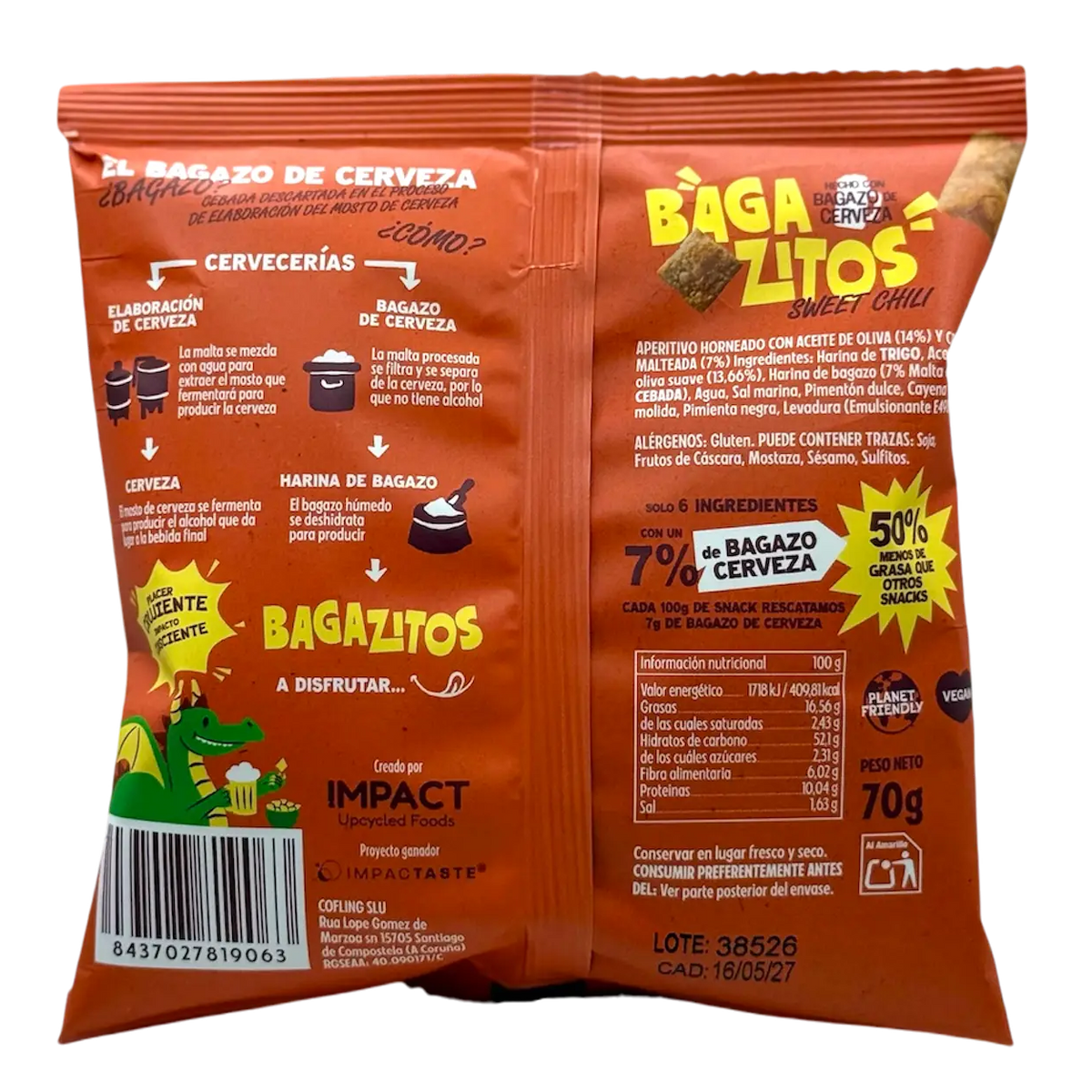 Reverso de Bagazitos Sweet Chili de 70 g con ingredientes, alérgenos e información nutricional