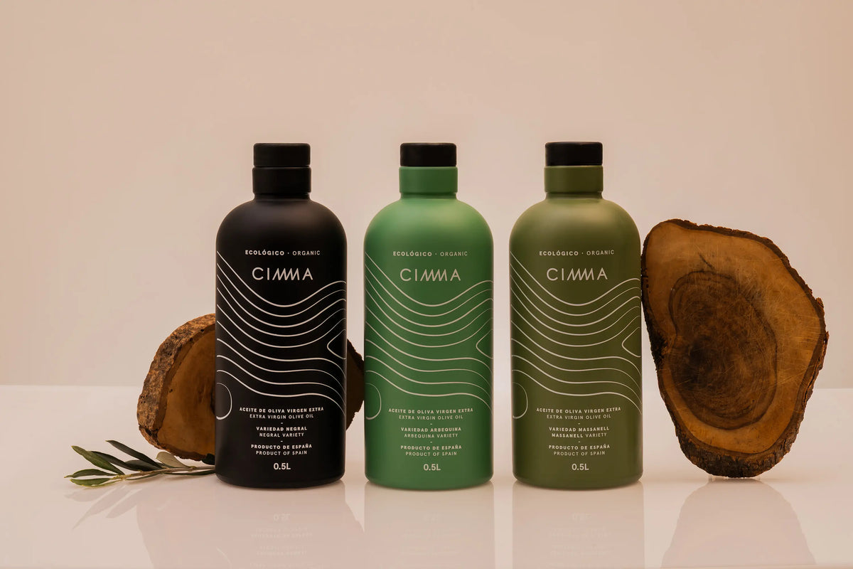 Botellas de AOVE Negral, Arbequina y Massanell ecológico CIMMA