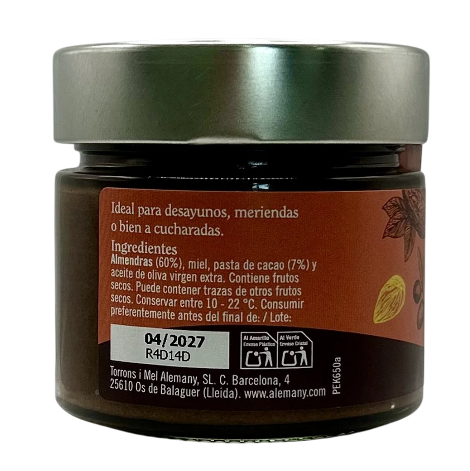Parte lateral de la crema Alemany con ingredientes de almendra, miel, cacao y AOVE