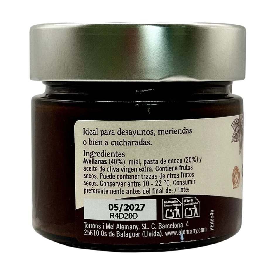 Etiqueta d'ingredients de la crema d'avellana i cacau Alemany