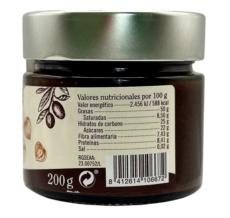 Informació nutricional de la crema d'avellana i cacau Alemany 200 g