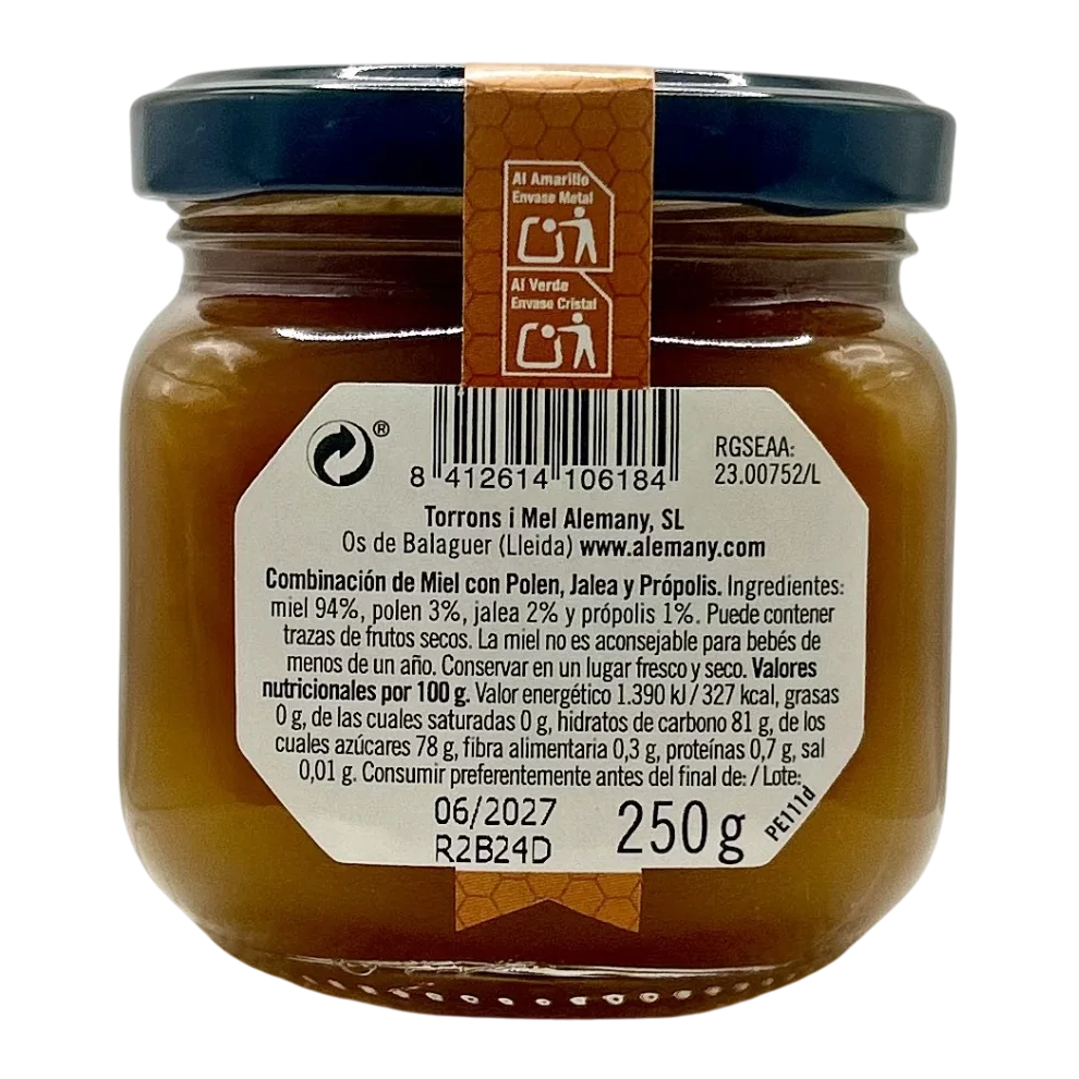 Part posterior de la mel Alemany amb ingredients, traces i codi de barres