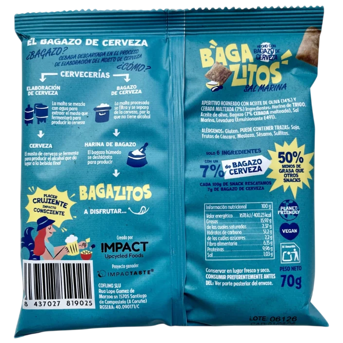 Part posterior de Bagazitos Sal Marina 70 g amb ingredients, informació nutricional i codi de barres