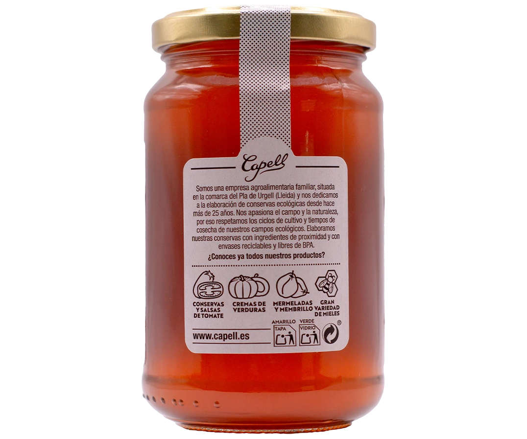 Part posterior del pot de mel de mil flors Capell 500 g amb informació de marca