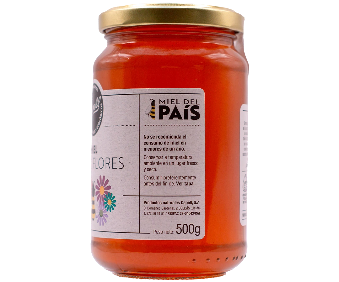 Etiqueta lateral del pot de mel de mil flors Capell 500 g amb recomanacions de conservació