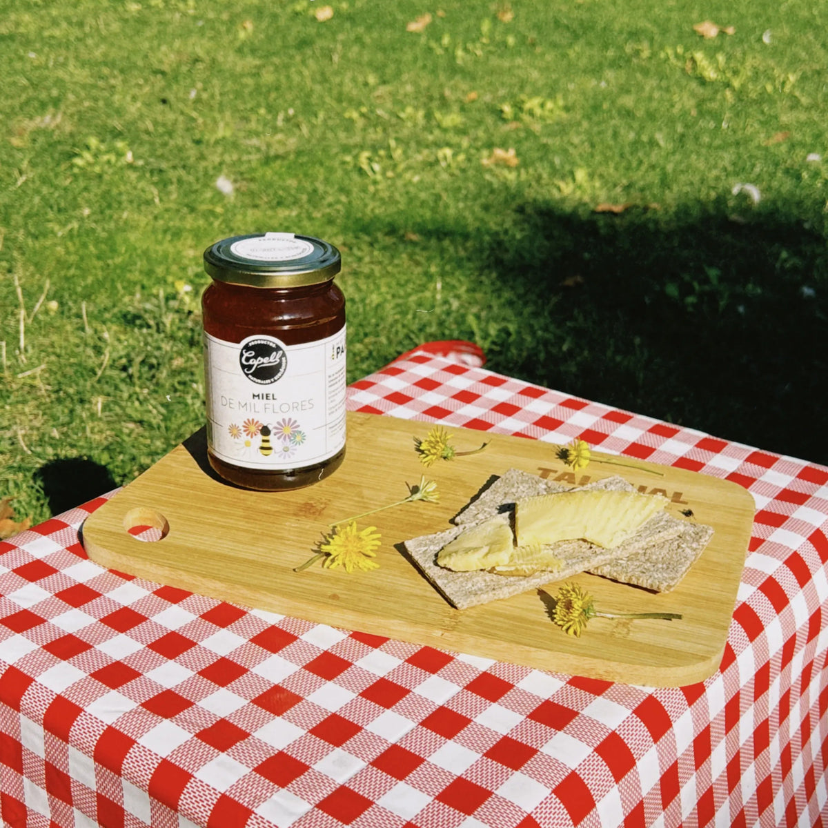 Tarro de miel de mil flores Capell con tostadas, queso y flores