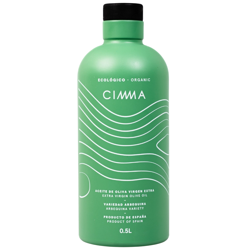 Ampolla d'oli d'oliva verge extra CIMMA 500 ml amb vista frontal