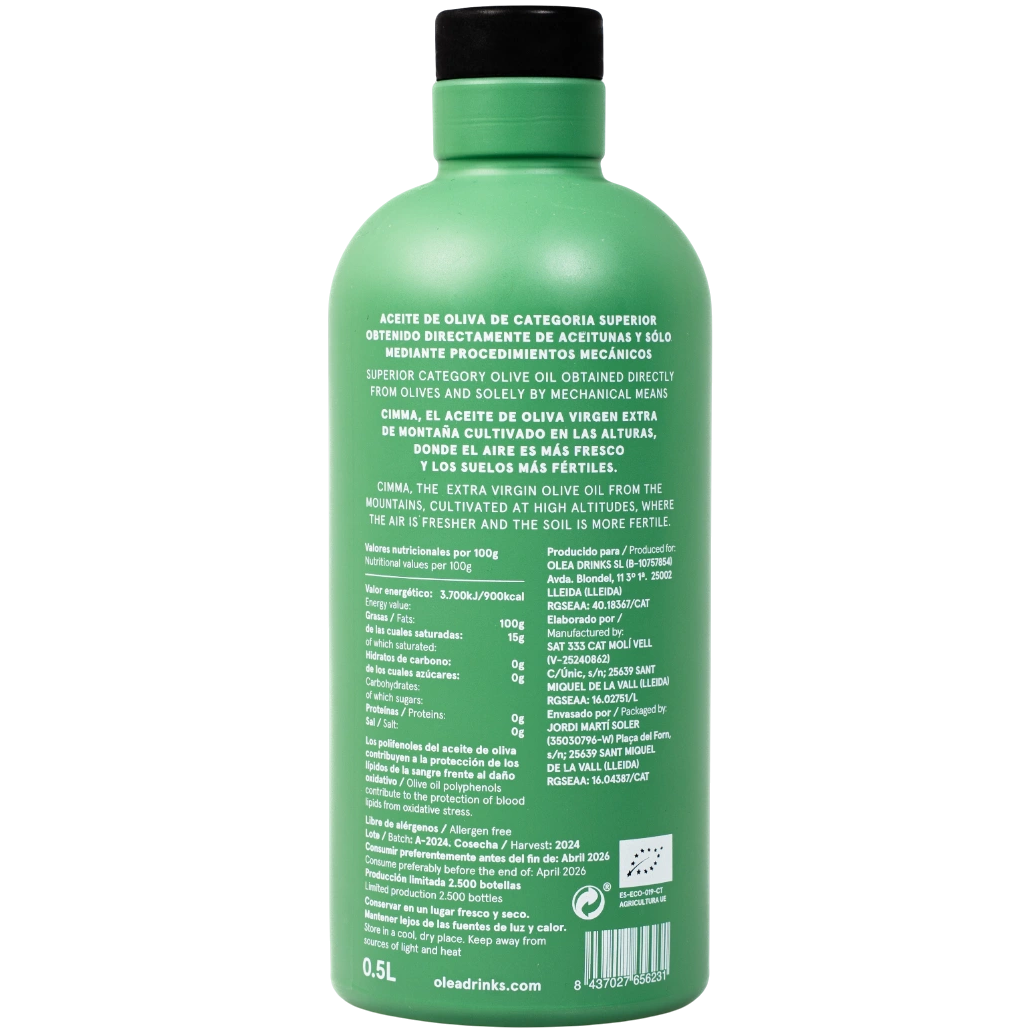 Parte trasera de la botella de AOVE Arbequina ecológico CIMMA 500 ml con valores nutricionales y código de barras