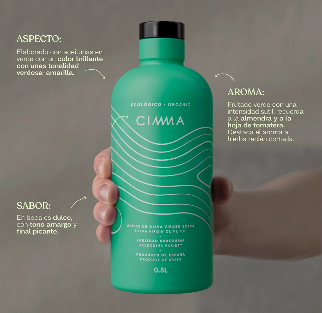 Botella de AOVE Arbequina ecológico CIMMA con notas de aspecto, aroma y sabor
