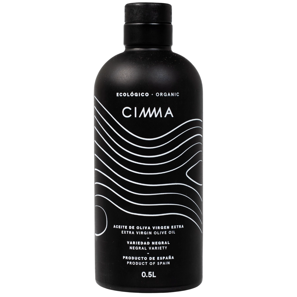 Ampolla d'AOVE Negral ecològic CIMMA 500 ml amb etiqueta frontal