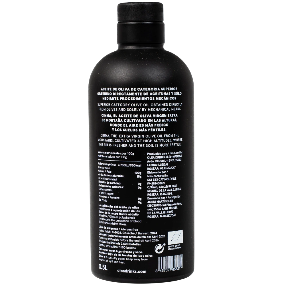 Part posterior de l'ampolla d'AOVE Negral ecològic CIMMA 500 ml amb valors nutricionals i codi de barres