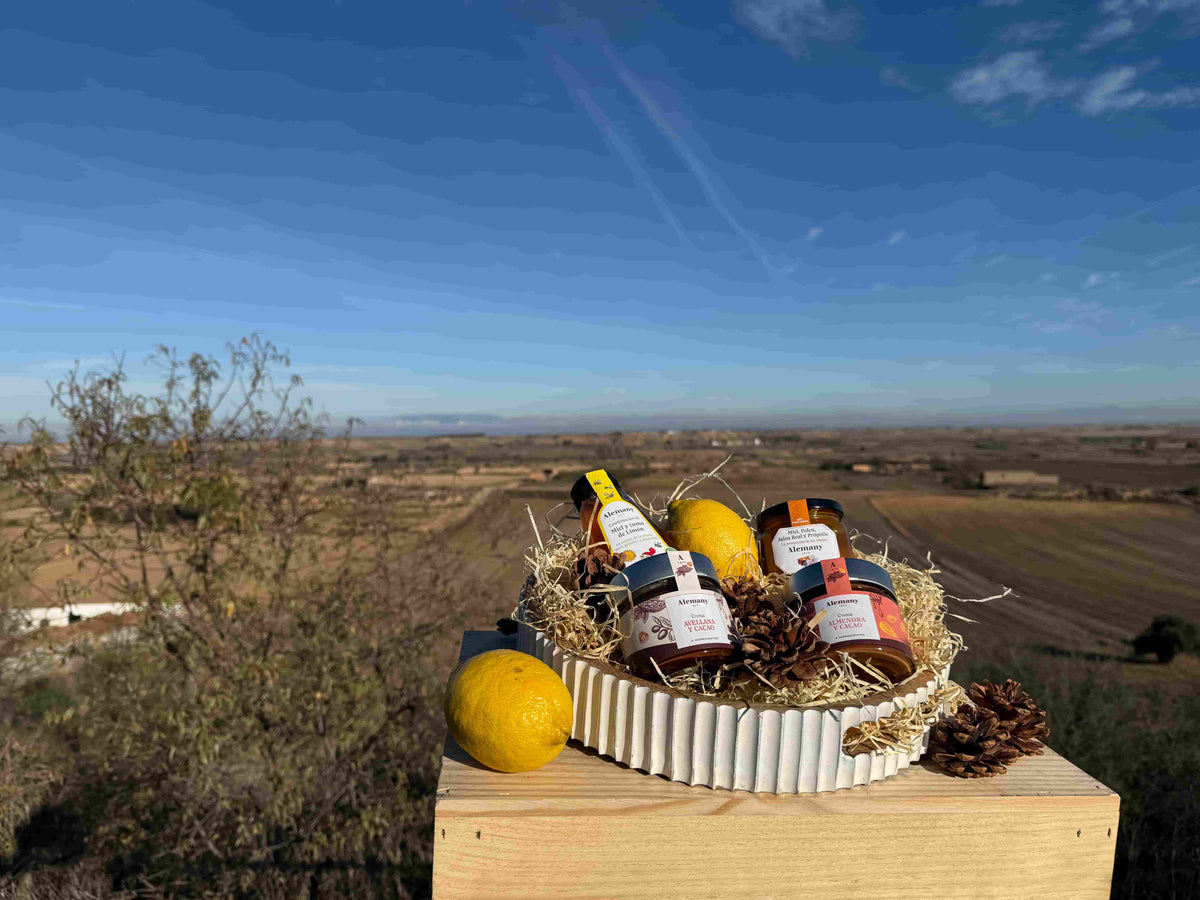 cesta de productos con un paisaje detras
