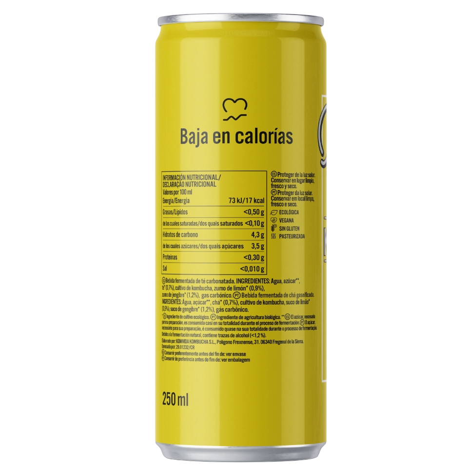 Part posterior de la kombucha Komvida de gingebre i llimona amb ingredients i valors nutricionals