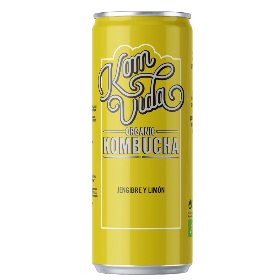 Llauna de kombucha ecològica Komvida de gingebre i llimona 250 ml