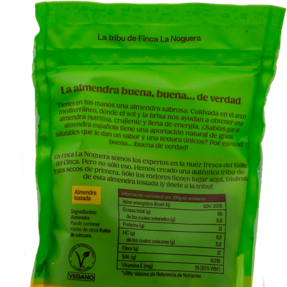 Part posterior de la bossa d'ametlles torrades La Noguera amb informació nutricional