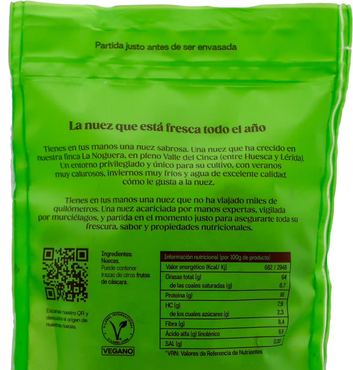 Parte trasera de la bolsa de nueces La Noguera 120 g con información nutricional