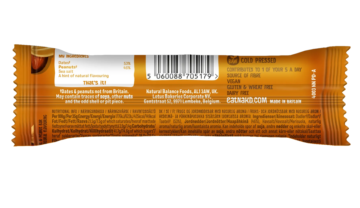 Part posterior de la barreta Nakd Peanut Delight amb ingredients, al·lèrgens i codi de barres