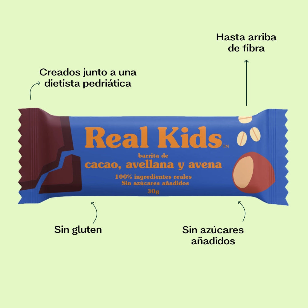 Barrita Real Kids de cacao y avellana con notas sobre fibra, sin gluten y sin azúcares añadidos