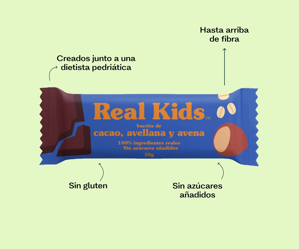 Barreta Real Kids de cacau i avellana amb notes sobre fibra, sense gluten i sense sucres afegits