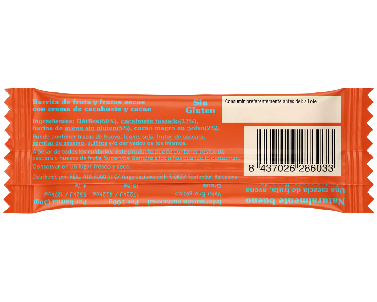 Etiqueta trasera barrita crema de cacahuete Real Kids ingredientes y codigo de barra