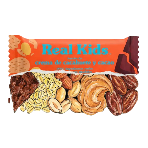 Barrita real kids cacahuete cacao con ingredientes dibujados TALKUAL