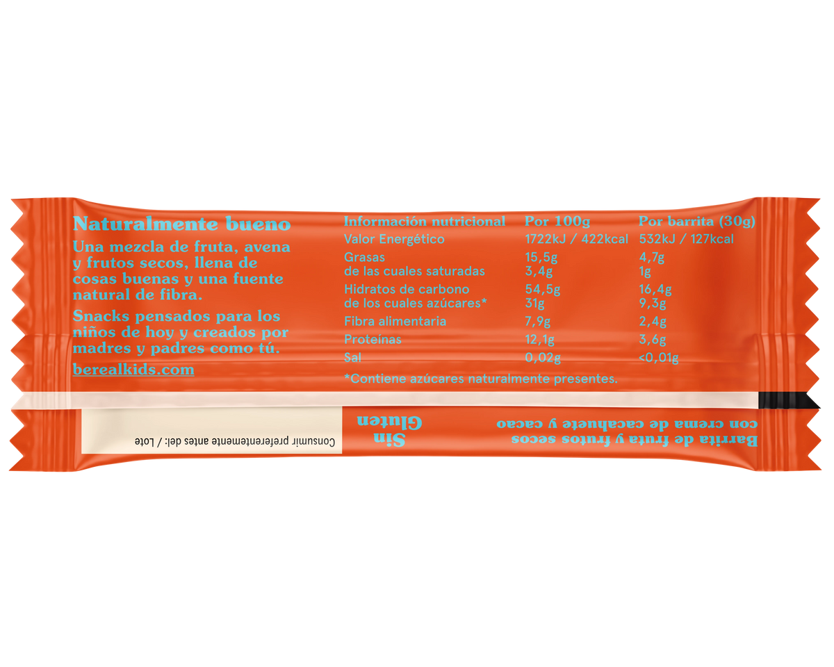 Información nutricional de la barrita de crema de cacahuete y cacao Real Kids