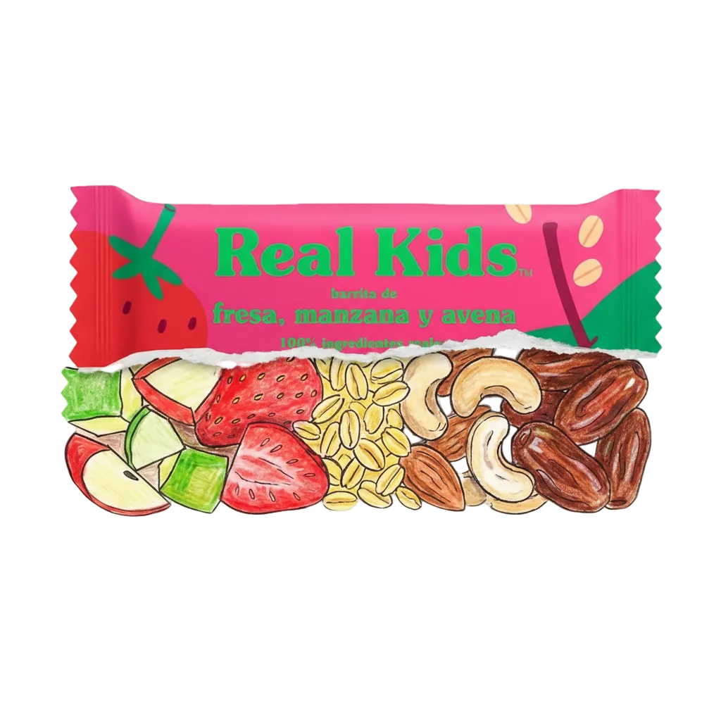 Barrita real kids fresa manzana con ingredientes dibujados TALKUAL