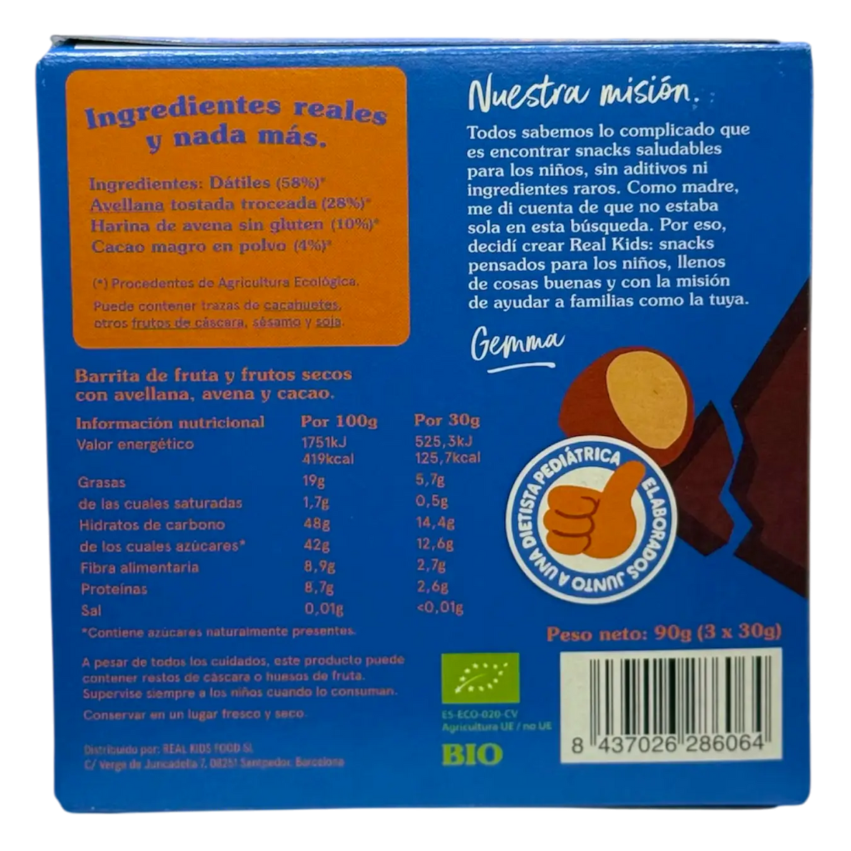 Vista trasera del pack de 3 barritas de cacao y avellana de Real Kids 