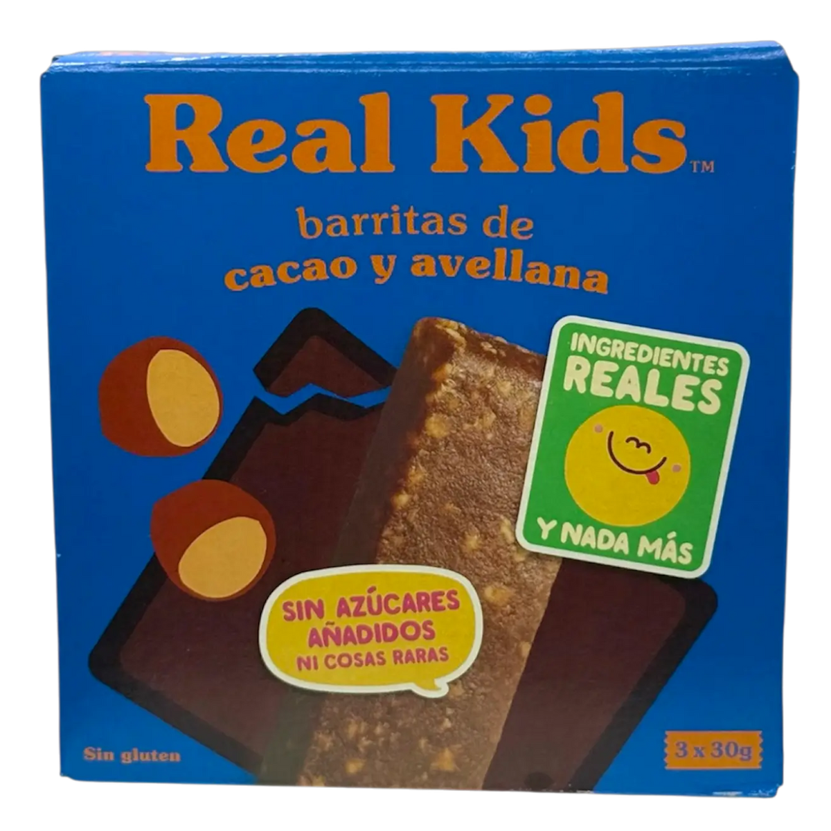 Vista frontal del pack de 3 barritas de cacao y avellana de Real Kids 