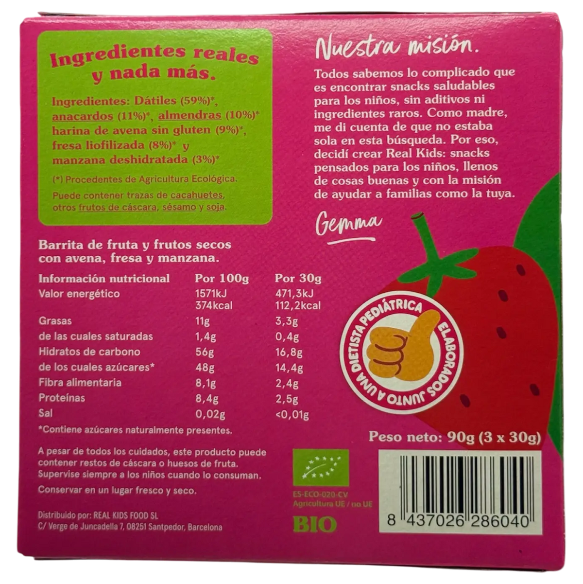 Vista trasera del pack de 3 barritas de fresa y manzana de Real Kids 