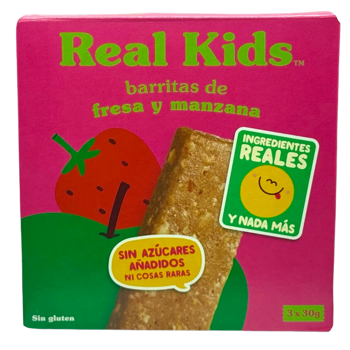 Vista frontal del pack de 3 barritas de fresa y manzana de Real Kids 