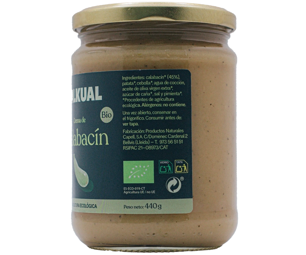 Crema de carbassó eco TALKUAL 440 g etiqueta d'ingredients