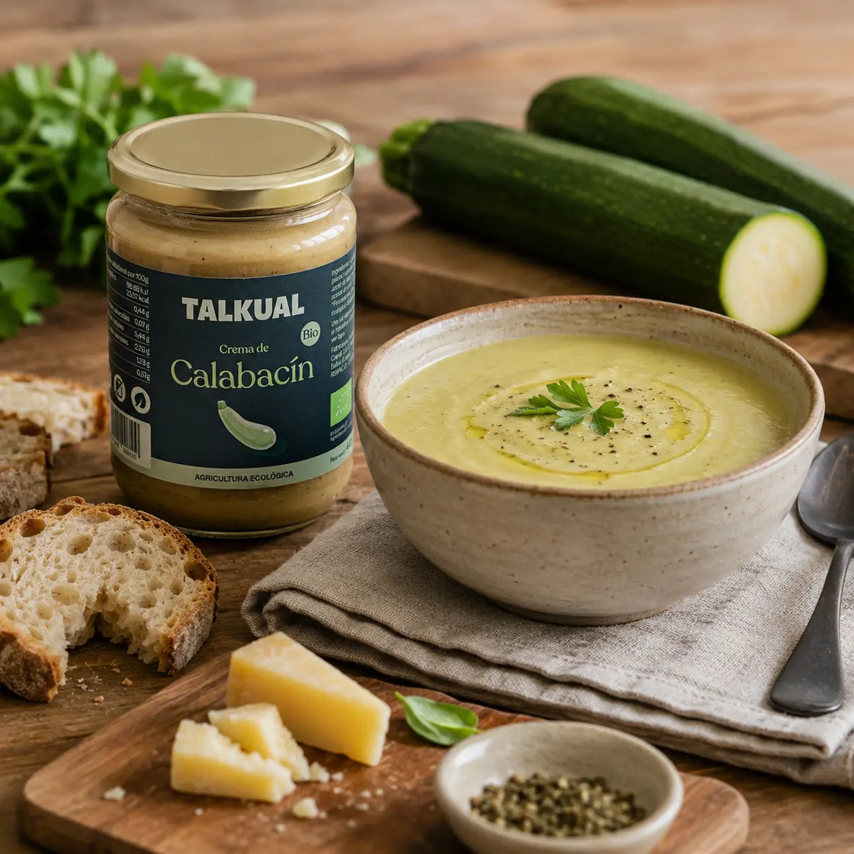 Tarro de crema de calabacín ecológica TALKUAL con bol de crema y calabacines frescos