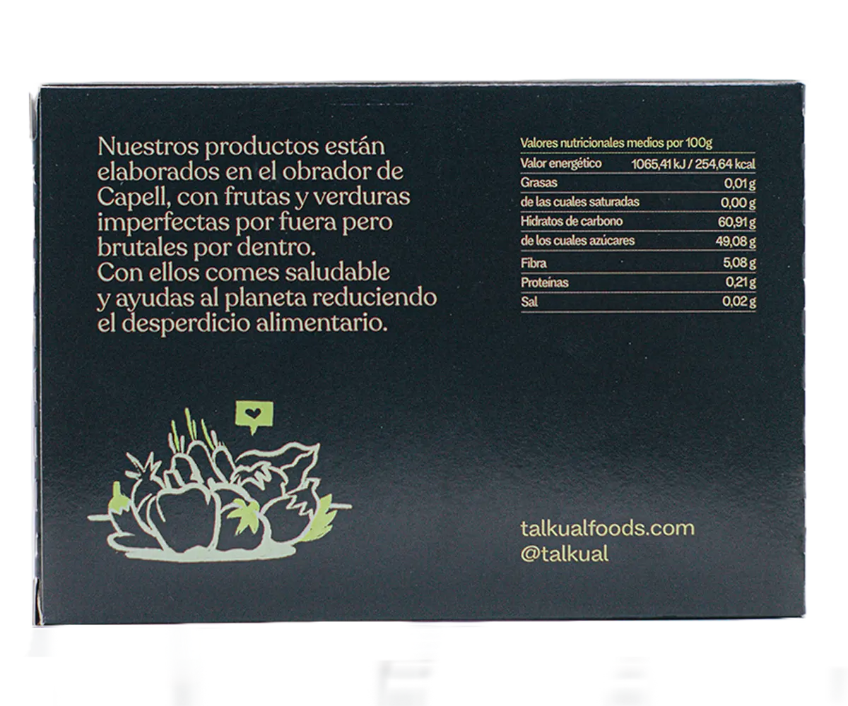 Part posterior de l'envàs de codonyat TALKUAL amb valors nutricionals