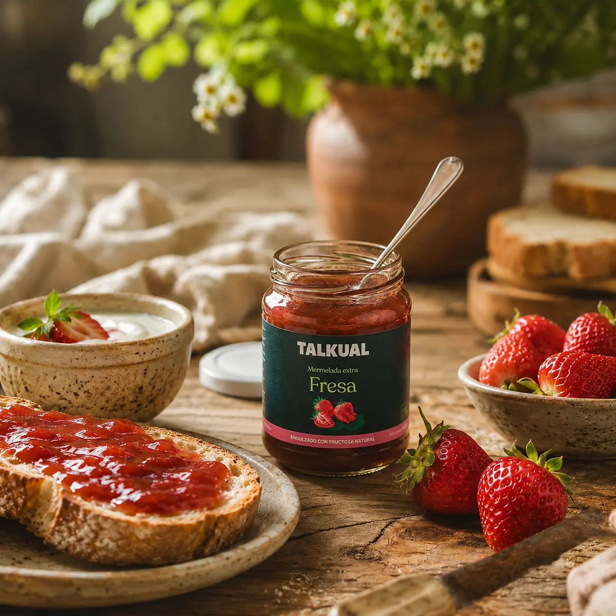 Tarro de mermelada extra de fresa TALKUAL con tostadas, yogur y fresas frescas