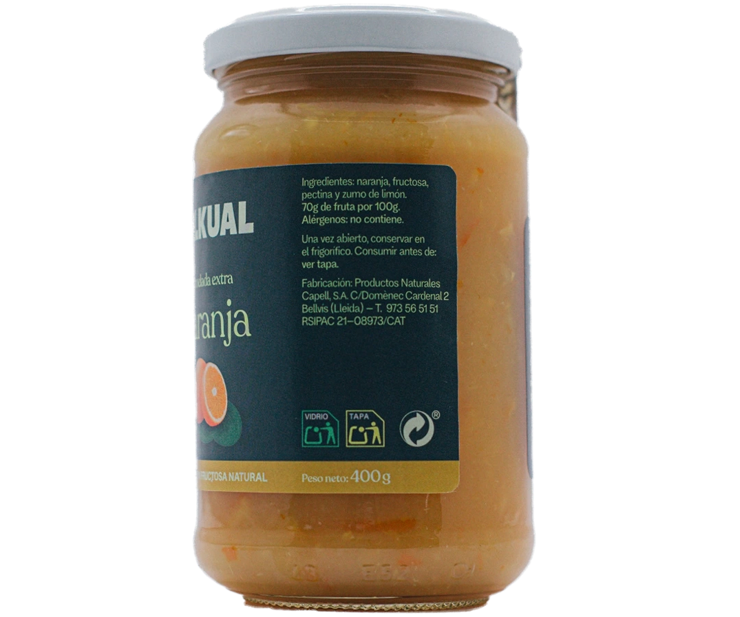 Etiqueta d'ingredients de la melmelada extra de taronja TALKUAL