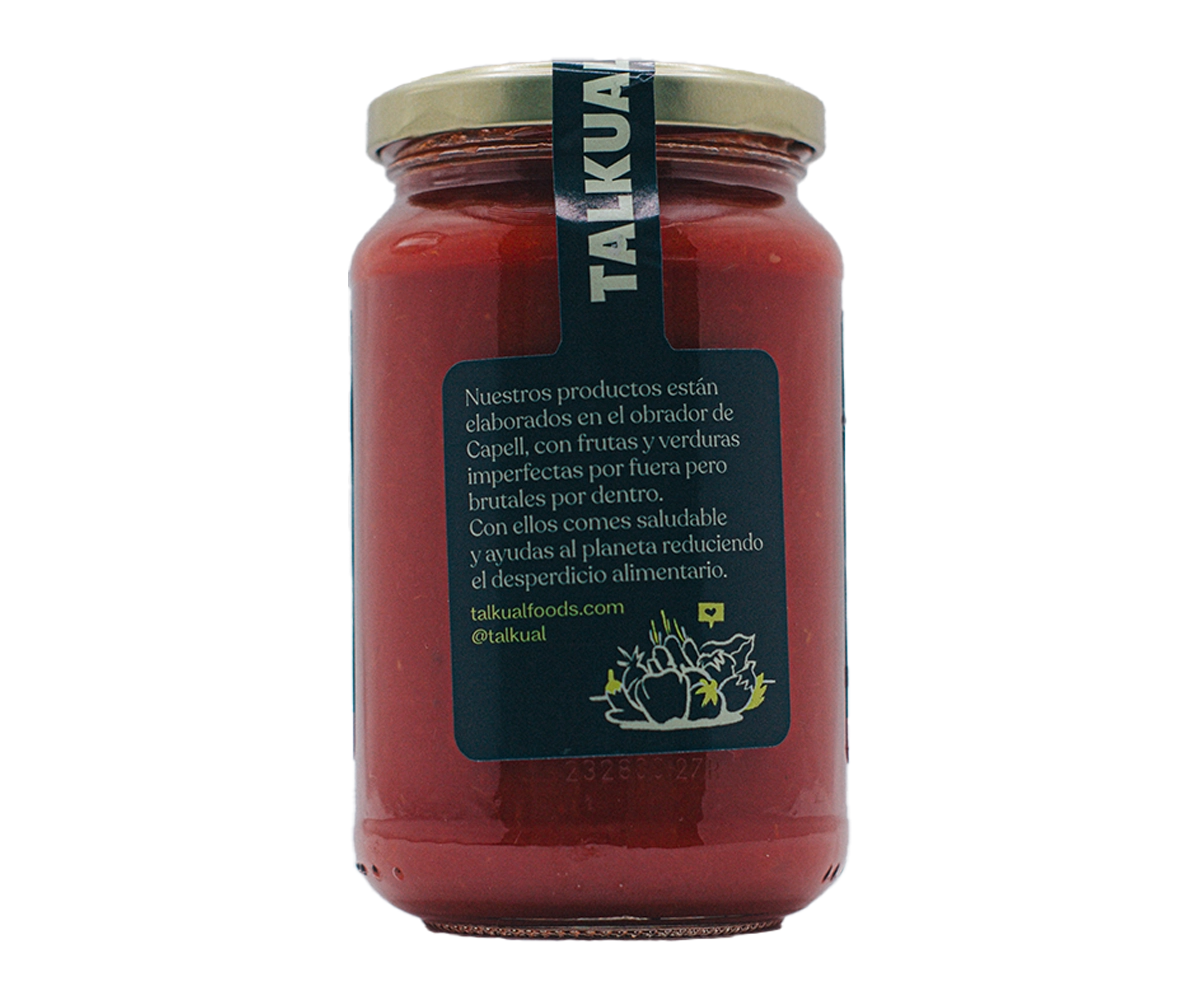 Parte trasera del tarro de tomate sofrito ecológico TALKUAL de 350 g con texto de marca