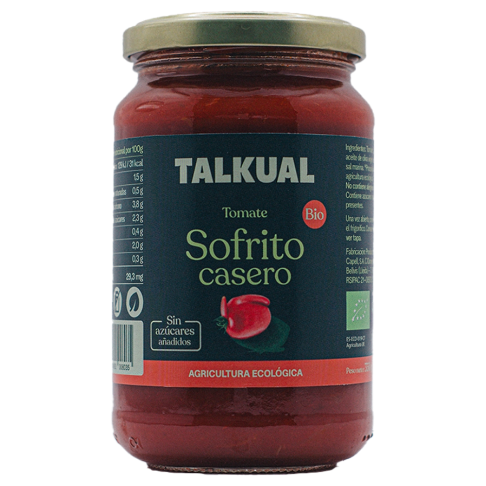 Pot de sofregit de tomàquet ecològic TALKUAL de 350 g amb etiqueta frontal