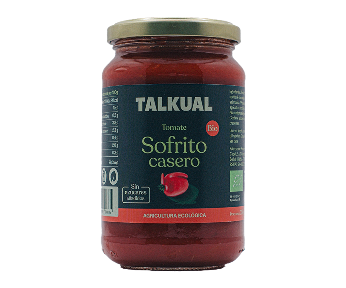 Tarro de tomate sofrito ecológico TALKUAL de 350 g con etiqueta frontal