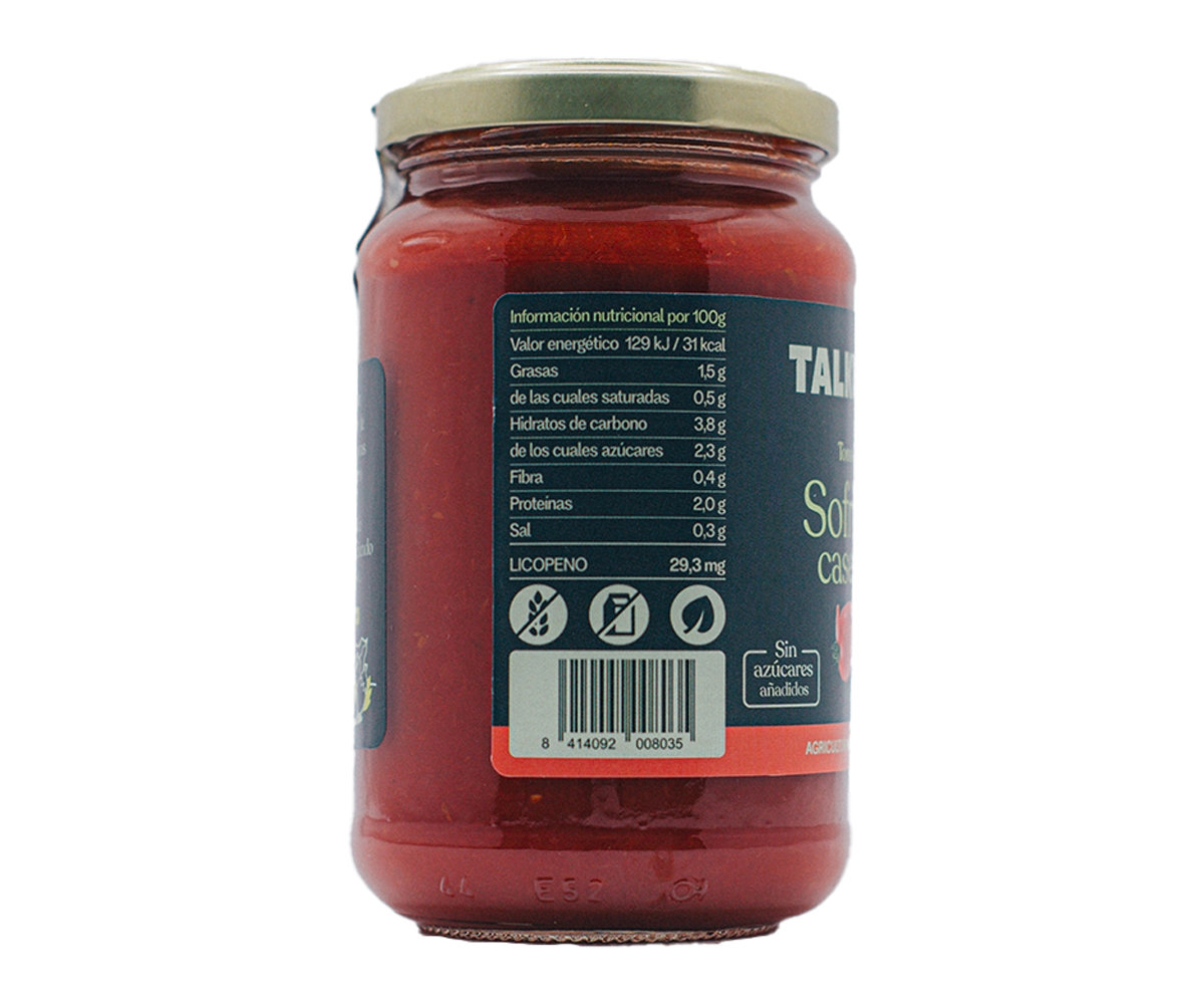 Etiqueta nutricional del tomate sofrito ecológico TALKUAL de 350 g con código de barras