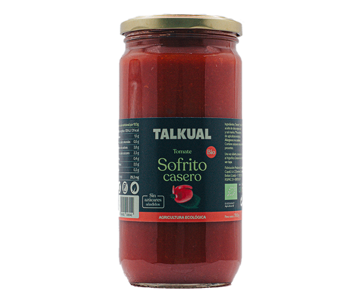 Tarro de tomate sofrito ecológico TALKUAL de 700 g con etiqueta frontal