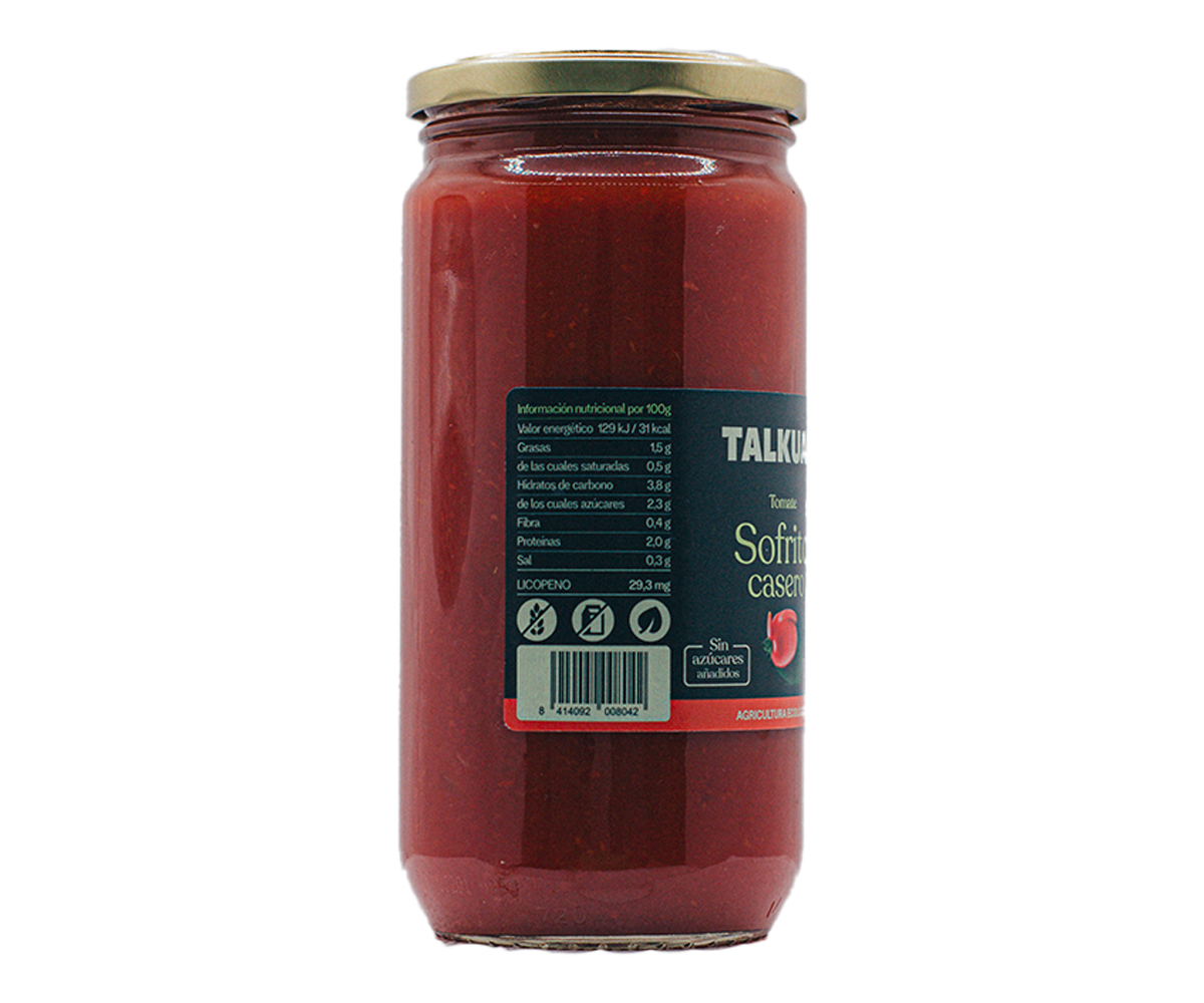 Etiqueta nutricional del tomate sofrito ecológico TALKUAL de 700 g con código de barras