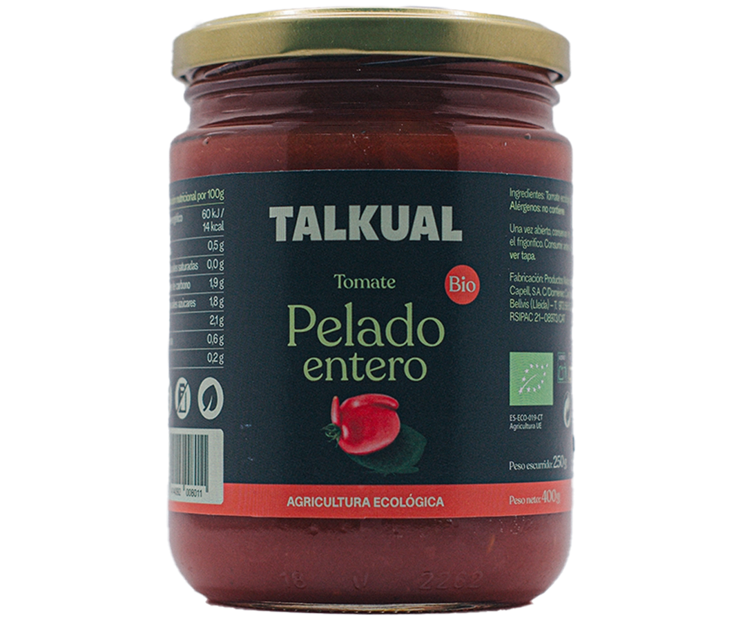Pot de tomàquet pelat ecològic TALKUAL de 400 g amb etiqueta frontal