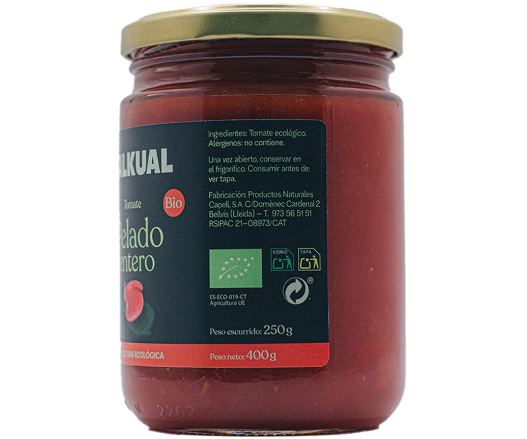 Etiqueta lateral del tomate pelado ecológico TALKUAL de 400 g con ingredientes e información del producto