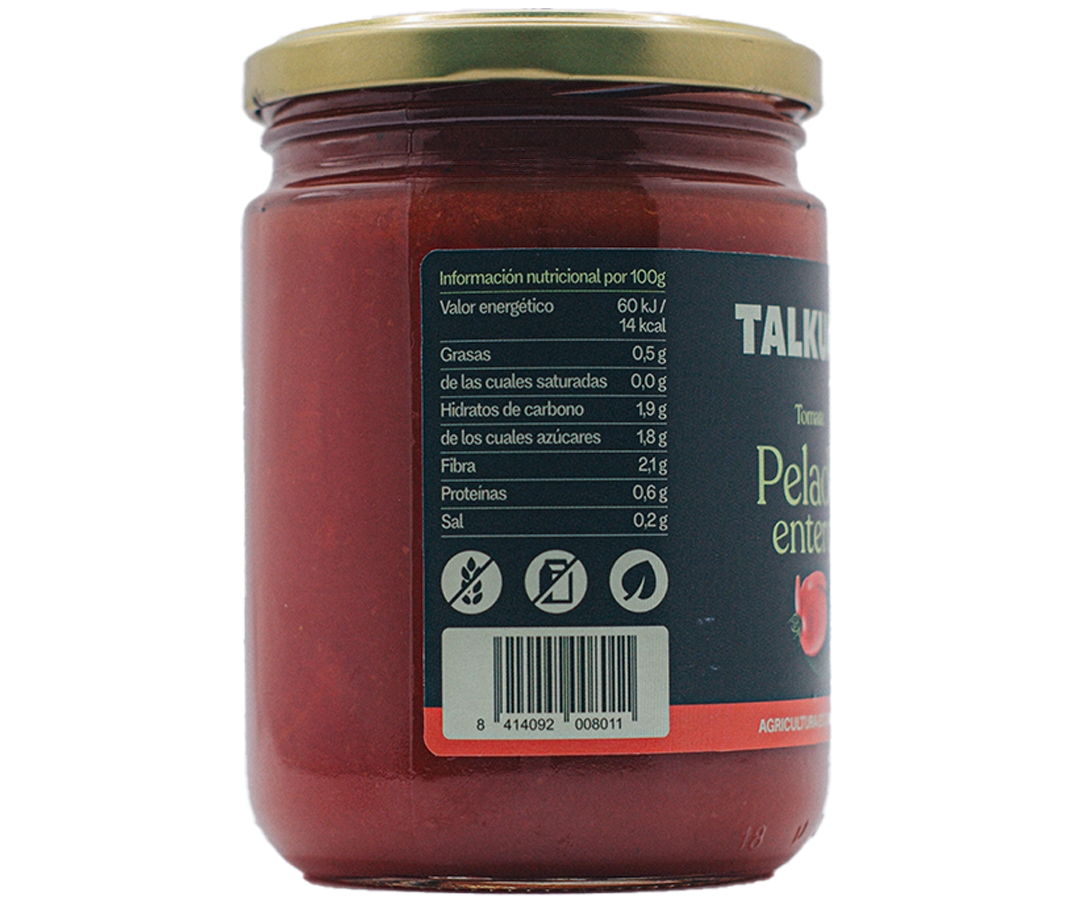 Etiqueta nutricional del tomàquet pelat ecològic TALKUAL de 400 g amb codi de barres