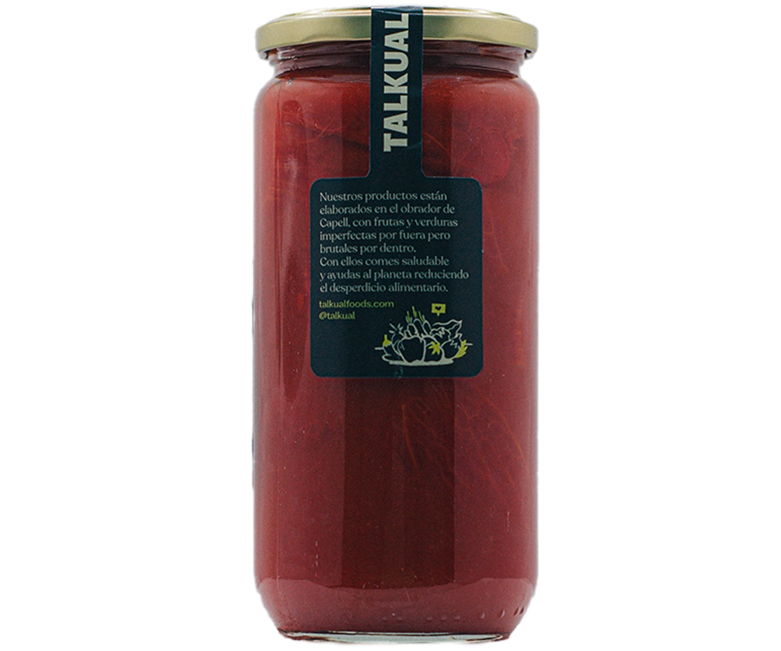Parte trasera del tomate pelado ecológico TALKUAL de 660 g con texto de marca