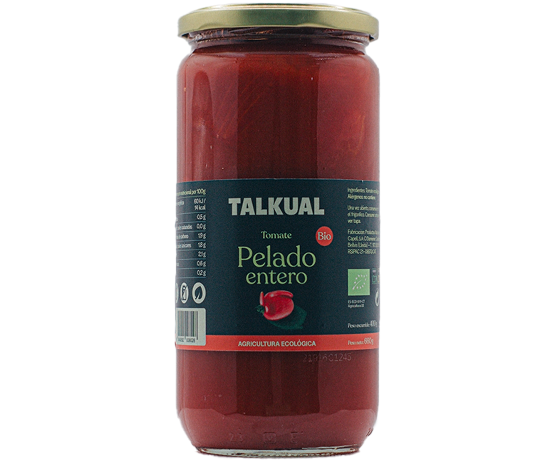 Tarro de tomate pelado ecológico TALKUAL de 660 g con etiqueta frontal