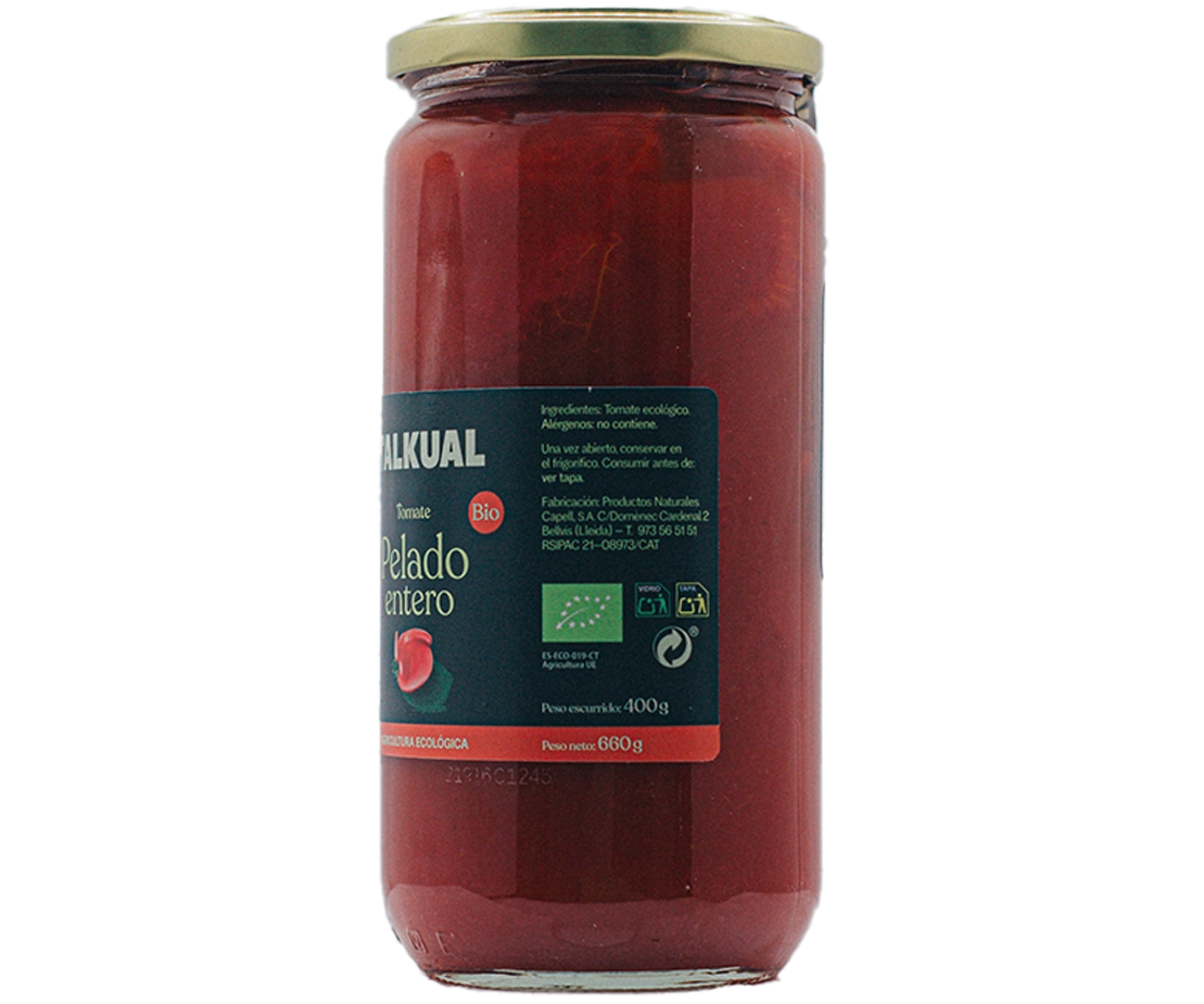 Etiqueta lateral del tomate pelado ecológico TALKUAL de 660 g con ingredientes e información del producto